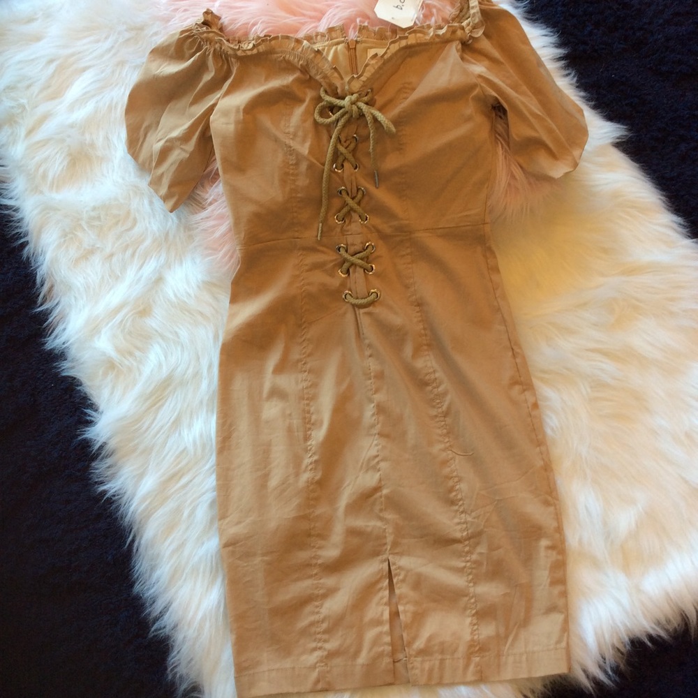 Boutique Off Shoulder Dress Lace Up Khaki Small